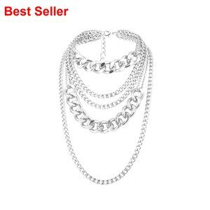 Chunky Silver Layered Chain Necklace, Link Design, Punk 80s Hip Hop Statement